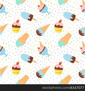 Seamless pattern with a variety of ice creams with fruits and chocolate. Summer vector pattern on white background.. Seamless pattern with a variety of ice creams with fruits and chocolate.