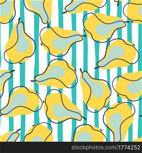 Seamless pattern with abstract blue and yellow random contoured pears ornament. Blue and white striped background. Great for fabric design, textile print, wrapping, cover. Vector illustration.. Seamless pattern with abstract blue and yellow random contoured pears ornament. Blue and white striped background.