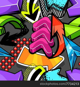 Seamless pattern with abstract graffiti arrows. Cartoon teenage creative image. Fashion illustration in modern style.. Seamless pattern with abstract graffiti arrows. Cartoon teenage creative image.