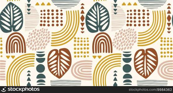 Seamless pattern with abstract leaves and geometric shapes. Modern vector design for paper, cover, fabric, interior decor and other users.. Seamless pattern with abstract leaves and geometric shapes. Modern vector design