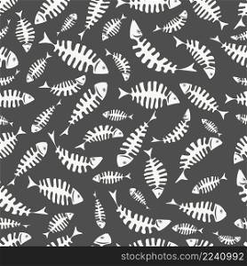 Seamless pattern with abstract skeletons of white fish on a dark gray background. Seamless pattern with abstract fish skeletons