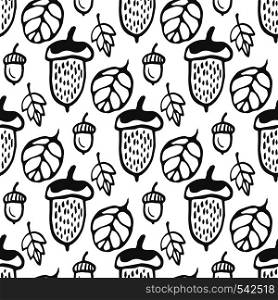 Seamless pattern with acorns and leaves. Hand drawn vector background for fabric, textile, wrapping and packaging. Seamless pattern with acorns and leaves. Hand drawn vector background for fabric, textile, wrapping