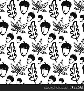 Seamless pattern with acorns and maple, oak leaves. Hand drawn vector background for fabric, textile, wrapping and packaging. Seamless pattern with acorns and maple, oak leaves. Hand drawn vector background for fabric, textile, wrapping
