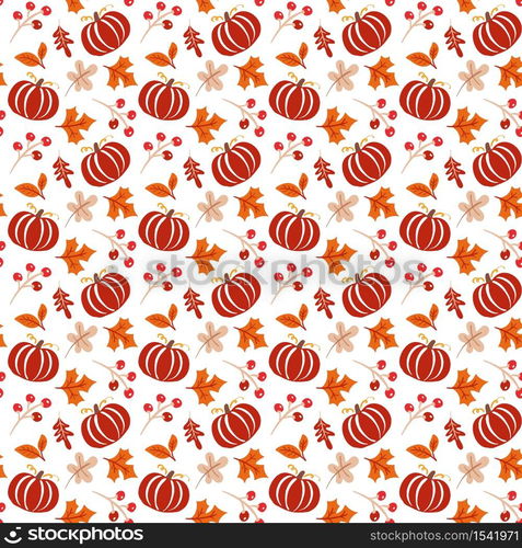 Seamless pattern with acorns, pumpkin and autumn oak leaves in Orange and Brown. Perfect for wallpaper, gift paper, pattern fills, web page background, autumn greeting cards.. Seamless pattern with acorns, pumpkin and autumn oak leaves in Orange and Brown. Perfect for wallpaper, gift paper, pattern fills, web page background, autumn greeting cards