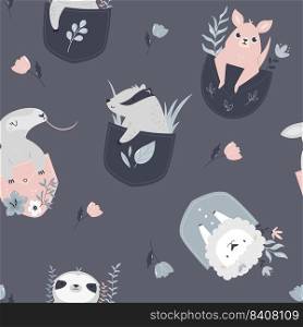 Seamless pattern with adorable animals in pockets. Suitable for different prints, nursery decoration, wrapping paper, wallpaper, cloth design.. Seamless pattern with adorable animals in pockets.