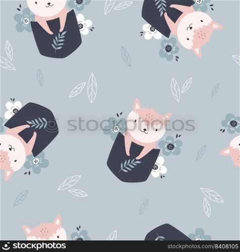 Seamless pattern with adorable foxes in pockets. Suitable for different prints, nursery decoration, wrapping paper, wallpaper, cloth design.. Seamless pattern with adorable foxes in pockets.