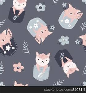 Seamless pattern with adorable foxes in pockets. Suitable for different prints, nursery decoration, wrapping paper, wallpaper, cloth design.. Seamless pattern with adorable foxes in pockets.