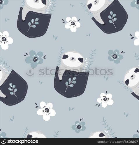 Seamless pattern with adorable sloth in little pockets. Suitable for different prints, nursery decoration, wrapping paper, wallpaper, cloth design.. Seamless pattern with adorable sloth in pockets.