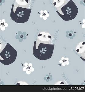 Seamless pattern with adorable sloth in little pockets. Suitable for different prints, nursery decoration, wrapping paper, wallpaper, cloth design.. Seamless pattern with adorable sloth in pockets.