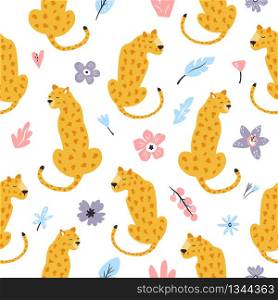 Seamless pattern with african animals and floral prints. Cheetahs and leopards. Seamless pattern with african animals and floral prints