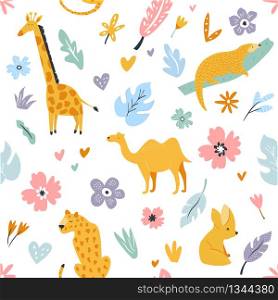Seamless pattern with african animals and floral prints. Giraffe, camel, leopard, fennec fox, pangolin. Seamless pattern with african animals and floral prints