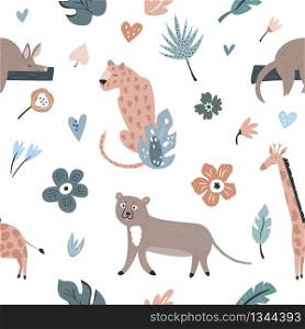 Seamless pattern with african animals and floral prints. Giraffe, cheetah, leopard, aardvark. Seamless pattern with african animals and floral prints