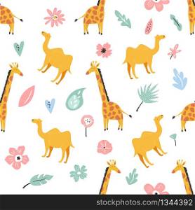 Seamless pattern with african animals giraffes and camels and floral prints.. Seamless pattern with african animals and floral prints