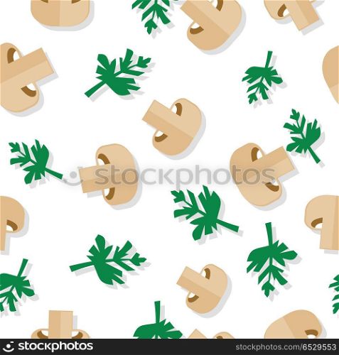 Seamless Pattern with Agaric Field Mushrooms. Seamless pattern with agaric field mushrooms and parsley in flat style. Wallpaper design with vegetarian food ingredients. For pizzeria, restaurant ad, logo design, delivery service. Vector