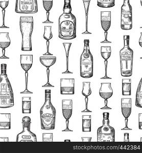 Seamless pattern with alcoholic drinking glasses. Vector illustration in hand drawn style. Alcoholic beverage sketch brandy and beer, whisky and tequila illustration. Seamless pattern with alcoholic drinking glasses. Vector illustration in hand drawn style