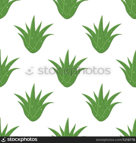 Seamless pattern with aloe vera medicinal plant cut leaves isolated on white background. Cartoon style. Vector illustration for any design.