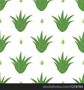 Seamless pattern with aloe vera medicinal plant cut leaves isolated on white background. Cartoon style. Vector illustration for any design.