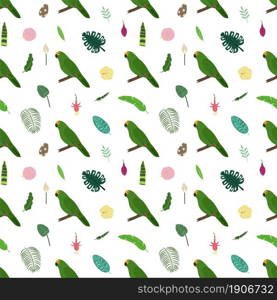 Seamless pattern with amazon parrots, tropical leaves and flowers. Cute baby print for fabric and textile.. Seamless pattern with amazon parrots and tropical leaves and flowers.