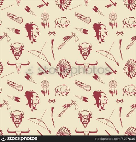 Seamless pattern with american Indian heads, weapon. Vector illustration.