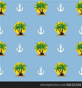 Seamless pattern with anchor and coconut palm tree island. Tropical wallpaper background. Vector Illustration EPS10. Seamless pattern with anchor and coconut palm tree island. Tropical wallpaper background. Vector Illustration