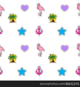 Seamless pattern with anchor, heart, flamingo and coconut palm tree island. Tropical wallpaper background. Vector Illustration EPS10. Seamless pattern with anchor, heart, flamingo and coconut palm tree island. Tropical wallpaper background. Vector Illustration