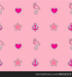 Seamless pattern with anchor, heart, flamingo. Tropical wallpaper background. Vector Illustration EPS10. Seamless pattern with anchor, heart, flamingo. Tropical wallpaper background. Vector Illustration