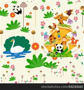 Seamless pattern with animals and flowers spring time