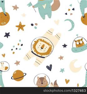 Seamless pattern with animals and space elements rocket, stars, moon, planets, ufo. For decorations greeting cards, prints, baby swatch. Seamless pattern with animals and space elements