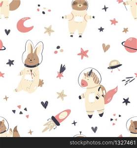 Seamless pattern with animals unicorn, fox, sloth and space elements rocket, stars, moon, planets, ufo. For decorations greeting cards, prints, baby swatch. Seamless pattern with animals and space elements