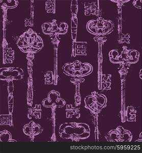 Seamless pattern with Antique Vintage Keys in grunge style.