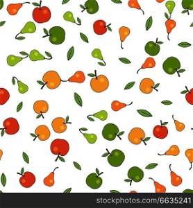 Seamless pattern with apples, colorful pears and green leaves isolated on background. Tasty organic food vector illustration. Endless texture with juicy fruits. Wallpaper design of healthy eating. Seamless Pattern with Apples Pears and Leaves