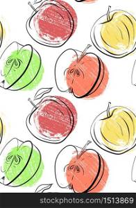 Seamless pattern with apples of different shapes. Single and halves of apples with grunge colored dots. Texture for wallpaper, backgrounds, fabrics and your creativity. Seamless pattern with apples of different shapes. Single and halves of apples with grunge colored dots.