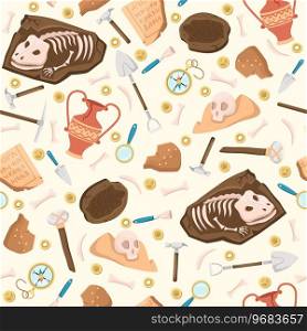 Seamless pattern with archaeological digs. Old antique vase, animal skeletons and human skulls in soil. Paleontological hammer. Decor textile, wrapping paper, print and wallpaper design vector concept. Seamless pattern with archaeological digs. Old antique vase, animal skeletons and human skulls in soil. Paleontological hammer. Decor textile, wrapping paper, print and wallpaper, vector concept