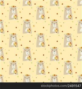 Seamless pattern with autumn bear. Cute animal with a bouquet of autumn leaves on a yellow background. Vector illustration in flat style for design, decor, textile and wallpaper, Packaging, decoration