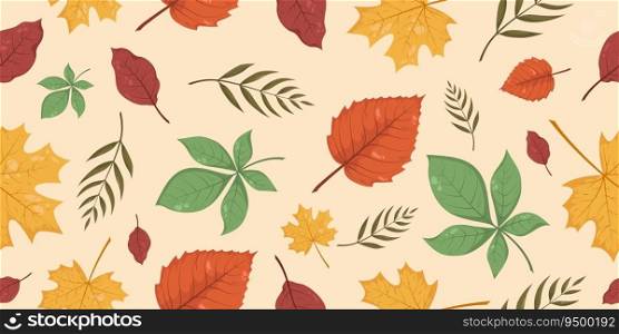 Seamless pattern with autumn fall yellow, brown, red, orange and green leaves and branches. For wallpaper, wrapping paper, web sites, background, social media, blog, greeting cards, advertisingeting.
