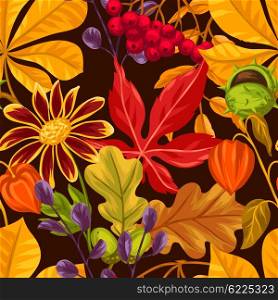 Seamless pattern with autumn leaves and plants. Background easy to use for backdrop, textile, wrapping paper.