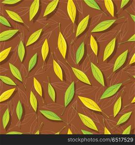 Seamless Pattern with Autumn Leaves on Brown. Seamless pattern with autumn leaves on brown background. Autumnal illustration with yellow, green and silhouette leaves. Fall concept. Wallpaper and textile design. Floral leaf decor. Vector