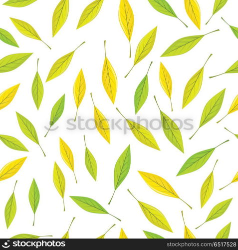 Seamless Pattern with Autumn Leaves on Brown. Seamless pattern with autumn leaves on white background. Autumnal illustration with yellow, green and silhouette leaves. Fall concept. Wallpaper and textile design. Floral leaf decor. Vector