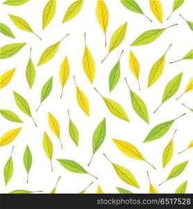 Seamless Pattern with Autumn Leaves on Brown. Seamless pattern with autumn leaves on white background. Autumnal illustration with yellow, green and silhouette leaves. Fall concept. Wallpaper and textile design. Floral leaf decor. Vector
