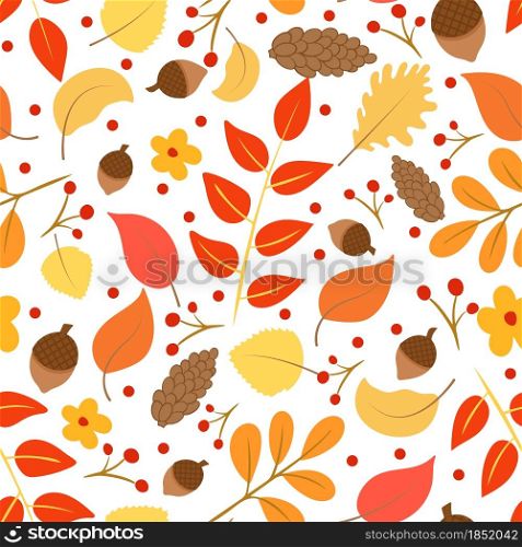 Seamless pattern with autumn leaves, pine cones and acorns vector illustration. Template for autumn postcards, packaging and banner. Falling leaves background.. Seamless pattern with autumn leaves, pine cones and acorns vector illustration.
