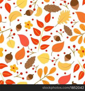Seamless pattern with autumn leaves, pine cones and acorns vector illustration. Template for autumn postcards, packaging and banner. Falling leaves background.. Seamless pattern with autumn leaves, pine cones and acorns vector illustration.