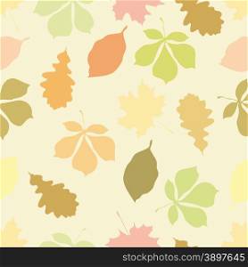 Seamless pattern with autumn motifs. The leaves of different trees on a pale peach background.