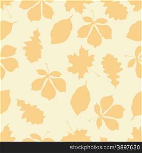 Seamless pattern with autumn motifs. The leaves of different trees on orange-peach background.