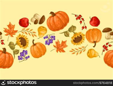 Seamless pattern with autumn plants. Harvest illustration of seasonal vegetables and leaves.. Seamless pattern with autumn plants. Harvest illustration of vegetables and leaves.