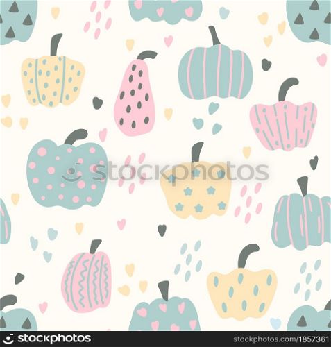 Seamless pattern with autumn pumpkins vector illustration. Background with fall vegetables of different shapes and colors. Thanksgiving decorated with pumpkins. Template for design and packaging.. Seamless pattern with autumn pumpkins vector illustration.