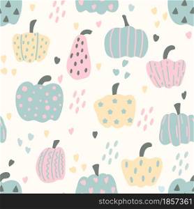Seamless pattern with autumn pumpkins vector illustration. Background with fall vegetables of different shapes and colors. Thanksgiving decorated with pumpkins. Template for design and packaging.. Seamless pattern with autumn pumpkins vector illustration.