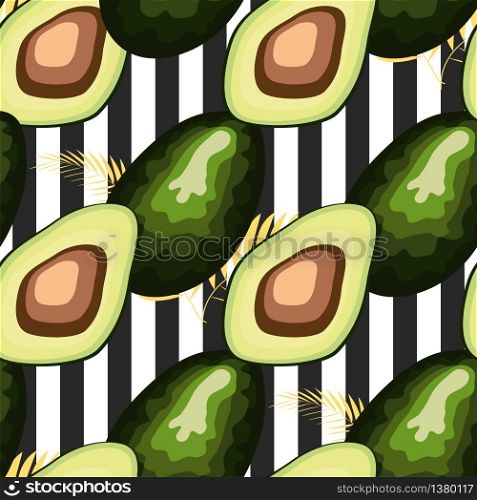 Seamless pattern with avocado and palm leaves and black and white stripes. Seamless pattern with avocado and palm leaves and black and white stripes, hand-drawn