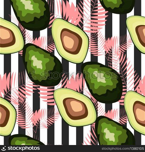 Seamless pattern with avocado. Seamless pattern with tiger stripes and tropical fruits and leaves.