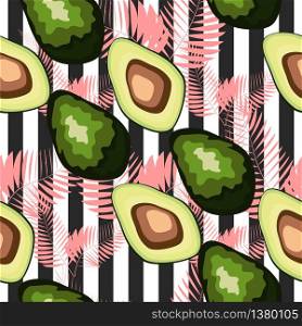 Seamless pattern with avocado. Seamless pattern with tiger stripes and tropical fruits and leaves.