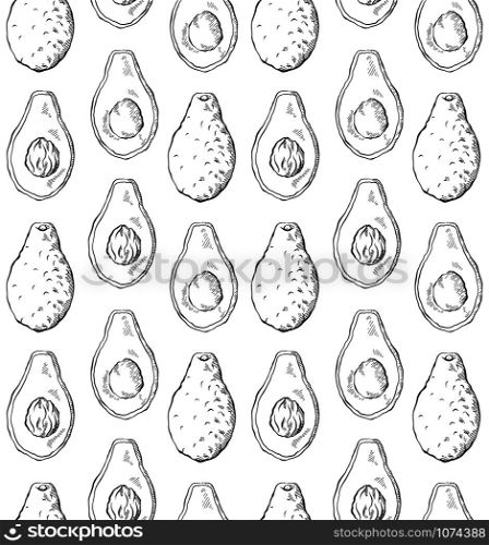 Seamless pattern with avocado sketch in row on white background. Engraving illustration with hatching. Healthy keto diet. Vector texture for wallpapers, fabrics, backgrounds and your design.. Seamless pattern with avocado sketch in row on white background. Engraving illustration with hatching. Healthy keto diet. Vector texture